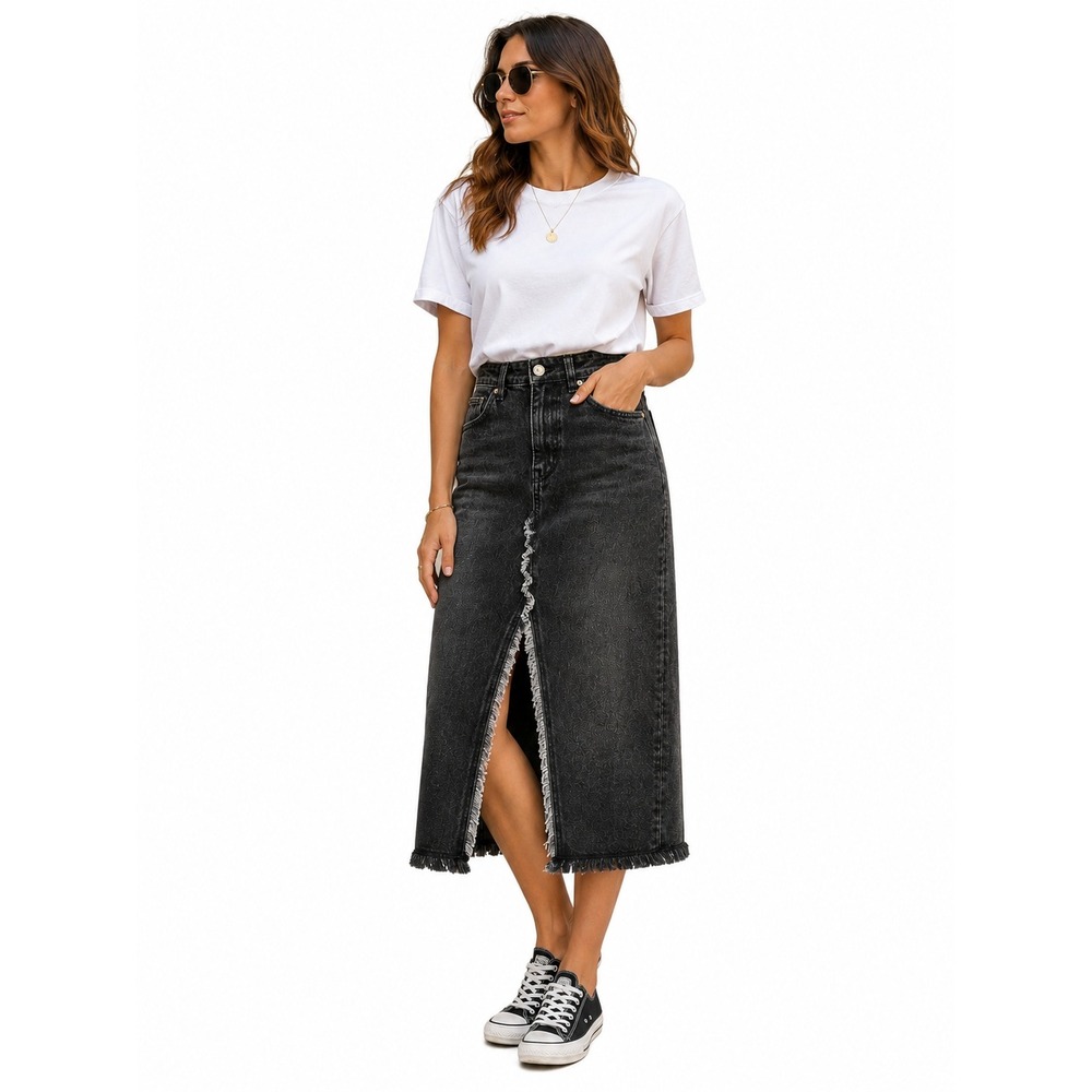 H&M Black Wash Denim Midi Skirt Front Slit Raw‎ Hem Size 2 EUR 34